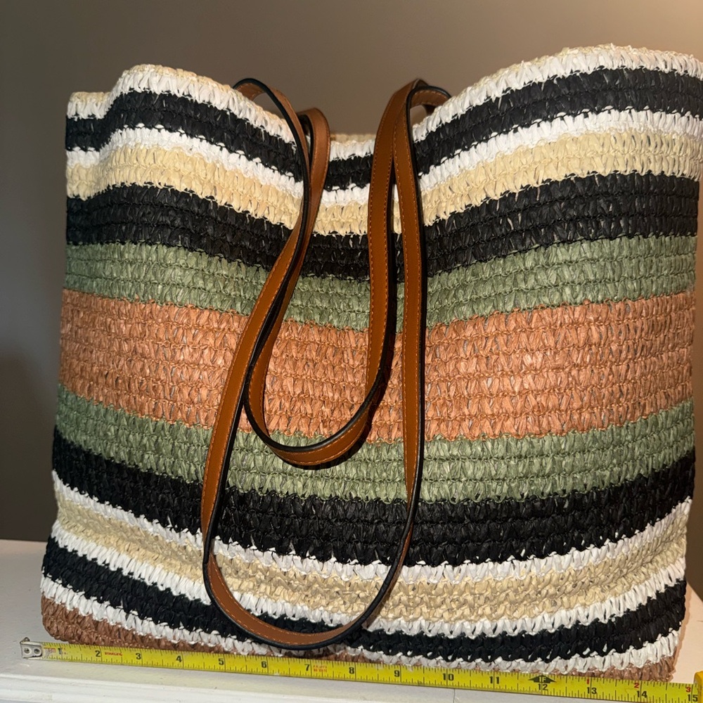 Striped Straw Tote Bag - Brown/Green/Black